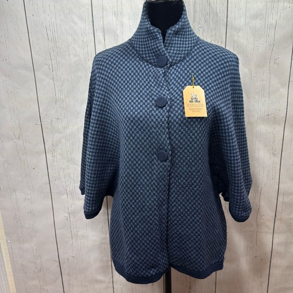 Alpaca Fina Blue Herringbone Poncho Cape Luxury Fiber Funnel Neck Buttons Cozy